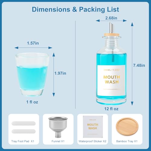 Image of Glass Mouthwash Dispenser for Bathroom 11.8OZ, Clear Refillable Mouthwash Container with Glass Mouthwash Cup, Bamboo Tray and Golden Sticker, Stainless Steel Pour Spout and Funnel