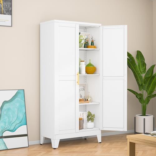 Image of White Metal Storage Cabinet, 48 inch Steel Cabinets for Home Office | Kitchen Pantry Storage Cabinet with Doors and 3 Adjustable Shelves, for Office, Home, Garage, School