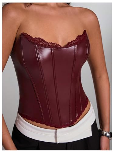 WDIRARA Women's PU Leather Corset Tube Top Lace Up Back Strapless Bandeau Bustier Crop Tops2