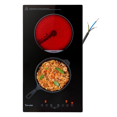 Topwish Piano cottura in ceramica, piano cottura in vetroceramica a 2 zone, piano cottura elettrico integrato, piano cottura a incasso con 9 livelli, sicurezza bambini, controllo touch, indicatore di
