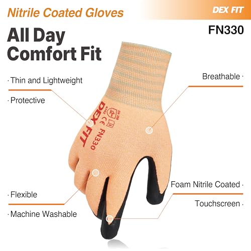 Image of DEX FIT Work Gloves FN330, 3D Comfort Stretch Fit, Power Grip, Durable Foam Nitrile Coated, Smart Touch, Thin & Lightweight, Machine Washable, Orange 7 (S) 3 Pairs