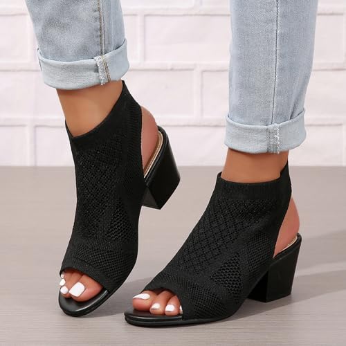 Peep Toe Booties for Women Open Toe Heeled Sandals Knit Cutout Chunky Block Heel Breathable Fashion Shoes US5-114