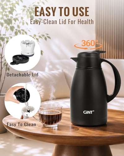 Image of GiNT Thermal Coffee Carafe 51 Oz, Stainless Steel Insulated Beverage Server with Easy-Clean Detachable Lid, Leak-Proof One-Hand Pour Large Dispenser for Hot Drinks and Coffee Pot for Home Office