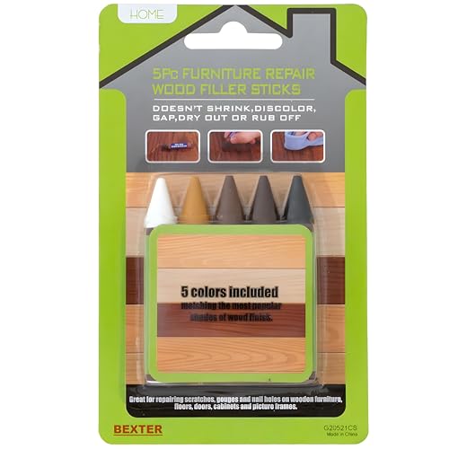 (Pack of 5) Wax Wood Furniture Filler Sticks – Wood Scratch Repair Kit for Floors, Cabinets, Tables & Chairs – 5 Color Blendable Crayons for Quick Touch-Up – Fills Dents, Cracks, and Holes