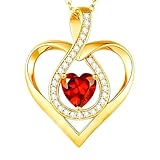 ASH & EMBER JEWELRY Heart Pendant Necklace, Yellow Gold with Red Garnet and Crystal Accents, Sterling Silver Underlay. Comes with luxury Pendant box