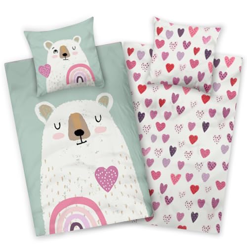 Aminata kids Biber Bettwäsche Bär 135x200 Kinder Baumwolle Tier-Motiv,...