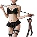 Sexy Cosplay-Dessous-Set für Damen, mit Rüschen und Teddybär-Outfit, BH und Höschen, Nachthemd mit Halsband, Anime-Spitze, Schwarz , One size
