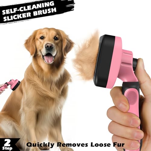 Image of Professional 3PCS Self Cleaning Slicker Brush & Pet Grooming Rake & Flea Comb for Dogs,Cats and Horses | Double-Sided Dematting Comb & Skin Friendly Deshedding Grooming Tool (Light Pink)