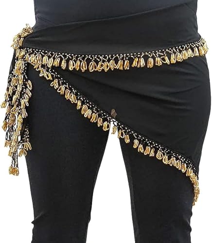 Danza del vientre Pañuelo caderín egipcio triangular con abalorios ideal para prácticas y coreografías de la danza oriental 145 cm (Negro abalorios dorados)