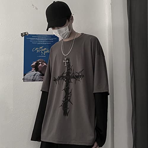 Grunge Gothic Clothes Harajuku Fashion Alt Emo Clothing Oversized Casual Long Sleeves Crewneck T-Shirt Tee Streetwear (M, Grey)2