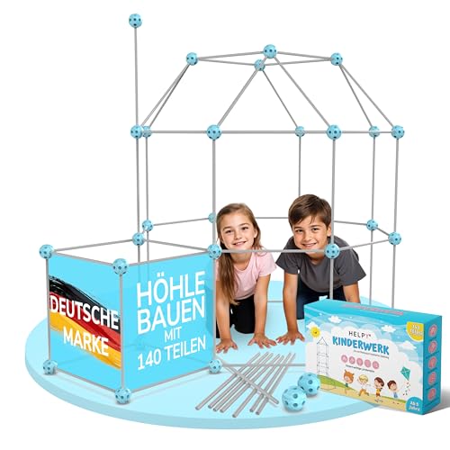 H E L P Y® KINDERWERK - Konstruktionsspielzeug – 140-teiliges Set zum Höhle Bauen für Kinder – Unterstützt Kreativität & räumliches Denken – Indoor & Outdoor Spielzeug (blau/grau)