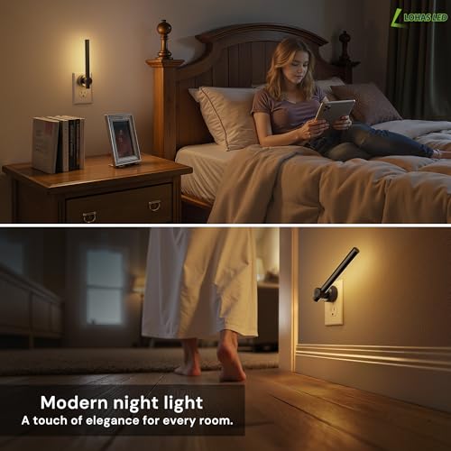 Image of L LOHAS LED Night Light Plug in, 2Pack Dimmable Night Lights Plug into Wall | 330Rotating Nightlight with Dusk to Dawn Sensor, Soft White, 0-100LM Modern Black Nightlights for Bathroom Mirror Restroom