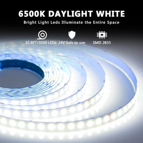 Image of dalattin White COB LED Strip Lights, 32.8ft Dimmable Super Bright 24V Led Tape Light 6500K 1400 LEDs Daylight White Lights for Bedrooms, Mirror, Kitchen, Home Decoration