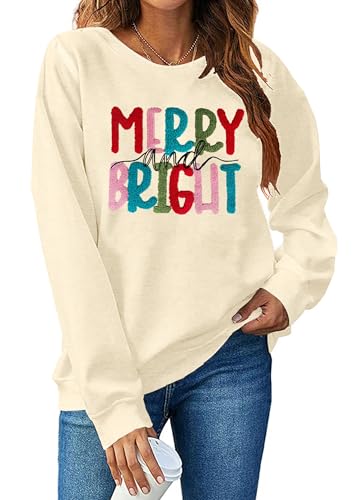 Image of Christmas Sweatshirt Women Merry and Bright Christmas T-Shirt Funny Xmas Lights Blouse Tops Holiday Shirts