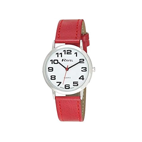 Ravel - Unisex Łatwy odczyt zegarek z pogrubionymi cyframi wspomagający wzrok - Kwarc Analogowy - R0105.10.1A - Czerwony/Srebrny Kolor