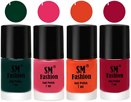 Image of Nail Polish Combo Set (Pack of 4) Quick Dry Gel Finish Nail Paint | Dark Green,Dark Rose Pink,Reddish Orange ,Pure Wine | 7 ml Each