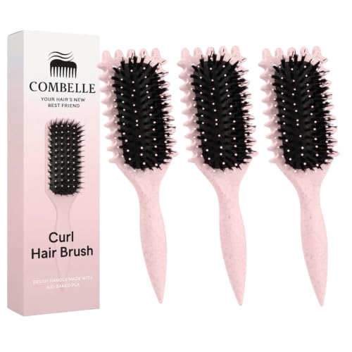 Image of Combelle 5-in-1 Curl Hair Brush, Vegan Boar Bristles, Bio-Baked PLA Handle, Detangling and Frizz Control for Curly Hair - Pink (Pack of 3)