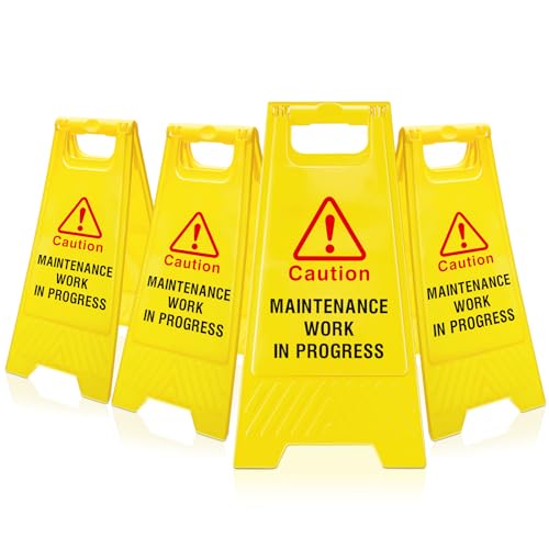 Geetery 4 Pcs Maintenance Work in Progress Floor Sign Two Sided Folding Bright Yellow Warning Signs for Commercial Use