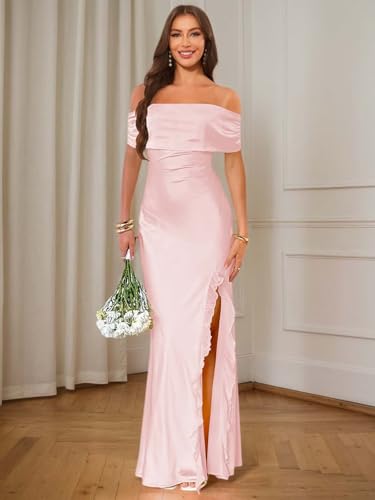 Off The Shoulder Satin Bridesmaid Dresses for Women Mermaid Formal Evening Dress with Slit4