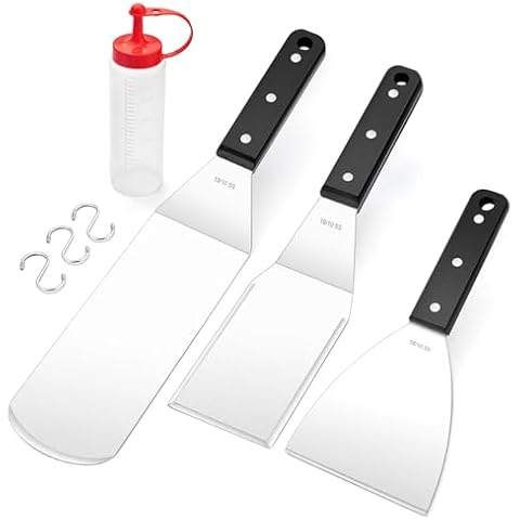 Griddle Spatulas Set of 4, Leonyo 18/10 Stainless Steel Outdoor Griddle Accessories Kit, Mirror Polished Metal Spatula with Long & Small Spatula, Griddle Scraper for BBQ Flat Top Grill Cover