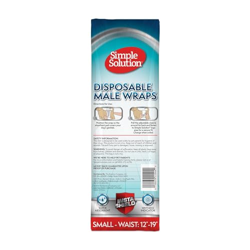 Image of Simple Solution Disposable Dog Wraps, Male Dog Diapers, Puppy Potty Training, Incontinence and Travel Protection, Wraps for Small Dogs, 12-19 Inch Waist, 30 Count (Pack of 4)
