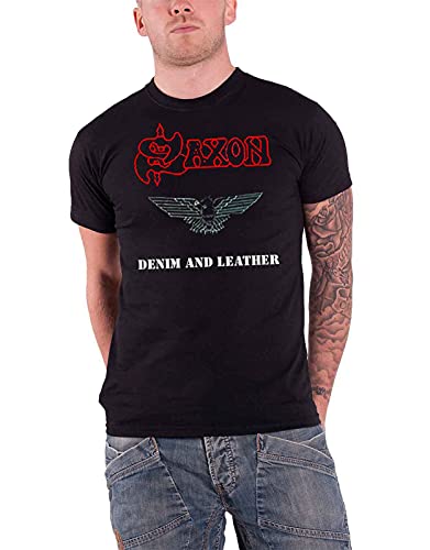  Saxon Denim & Leather Ufficiale Uomo nuovo nero T Shirt
