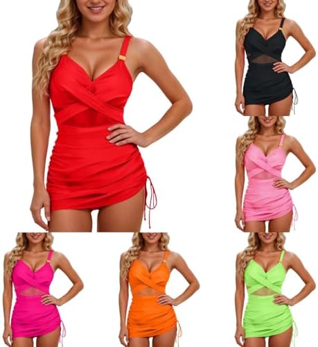 One Piece Swimsuit Women Tummy Control Slimming Mesh V Neck Full Coverage Swim Dress Sexy Adjustable Bathing Suits