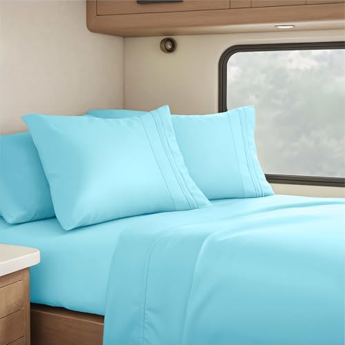 Image of Nestl Bright Blue Short Queen Sheets for RV, Hotel Luxury RV Queen Sheets Set, 4 Piece Fitted Bed Sheet Set and Pillowcases, Super Soft, Wrinkle-Free, and Breathable Camper Bedding
