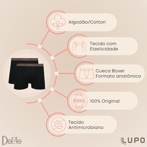 Kit Com 2 Cuecas Boxer Lupo Adulto Algodão Box Masulina Cotton 523 (BR, Alfa, G, Regular, 1 Preto -