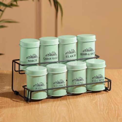 Image of Metallure Home Round Classic Airtight Spice Jars Set of 8 with 2-Tier Stand | Metal Jars for Daily Use (250ml Capacity of each container) | Masala Dabba, Spice Rack for Kitchen (Light Green)