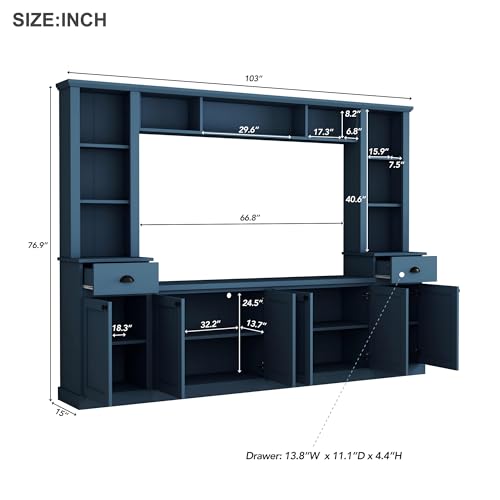 Image of 103 inchL Large Entertainment Center with Bookshelves and Drawers for TVs Up to 75'', Wall Unit Entertainment Center with Adjustable Shelves and Cabinet, Minimalist TV Stands for Living Room Blue