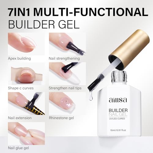 Aillsa Clear Builder Gel 7 In 1 Hard Gel Polish For Thickening Natural Nails Transparent Extension Gel Strengthener Gel Nail Polish Rhinestone Glue For Nail Art Base Coat Needed 0.51 Oz thumb #3