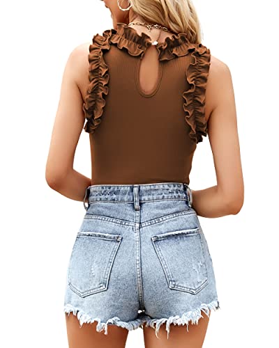 Image of WAYMAKER Women's Sleeveless Racer Back Ruffle Mock Turtle Neck Ribbed Bodysuit Tank Tops