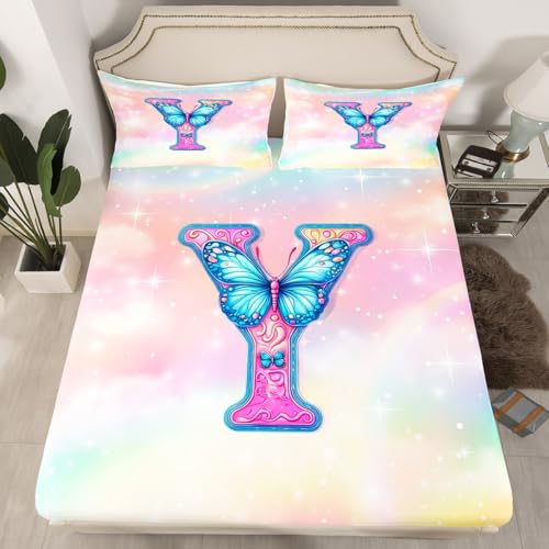 Erosebridal Butterfly Fitted Sheet Twin for Kids Girls Galaxy Stars Gradient Glitter Bed Sheets, Rainbow Initial Letter Y Bedding Set for Teens Women Bedroom Kawaii Princess Pastel Sheets