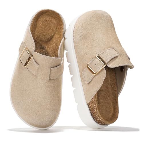 Project Cloud Chunky Kids Clogs 100% Genuine Leather Clogs for Kids with Cork Footbed & Arch Support Non-Slip Mules & Sandals for Girls Footwear (LilBentonChunky BEIGESUEDE 13)