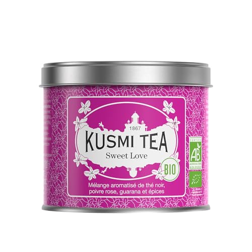 Kusmi Tea - Sweet Love Bio - Mélange Aromatisé de Thé Noir Biologique, Poivre Rose, Guarana & Épices - Fabriqué en France - Boîte Thé Métal 100g - Quantité pour environ 50 Tasses