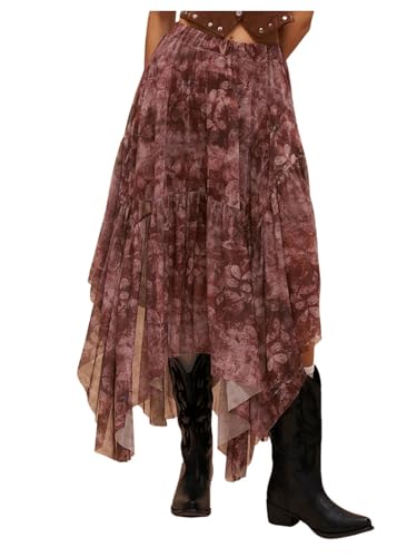 Women's Floral Asymmetrical Midi Skirt Boho Ruffle Mesh Elastic High Waist A Line Flowy Skirt Vintage Pirate Skirt