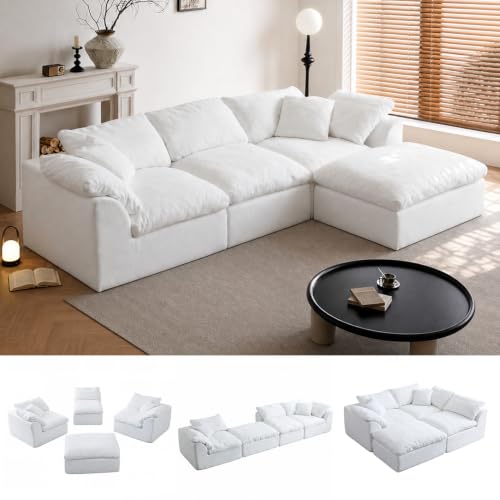 Image of Cloud Couch Sectional for Living Room, Modular L Shaped Boneless Sofa with Chaise, Compressed No Assembly Couch, Deep Seat Chenille Upholstered Convertible Sofa Bed (Snow White)