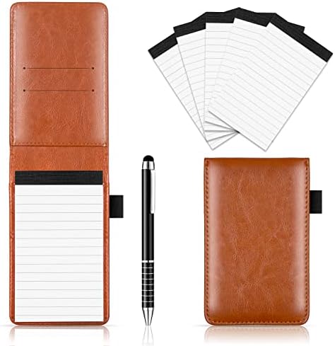 Xhwykzz 7 Pcs Small Pocket Notepad Holder Set with Metal Pen and Pocket Notebook Refills (Brown)