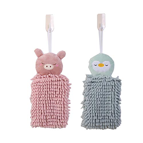 LAOSHIZI Essuie-Mains absorbantes Charmant Dessin animé Animal Serviette en Velours Corail do à Suspendre pour Cuisine et Salle de Bain Douces et de Toilette pour Le Visage 2 pcs Vert Rose Cover