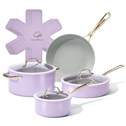 Chef Power Ceramic Cookware Sets, 10Pcs Pots and Pans Set Non Stick, Cookware Set with Stainless Steel Handle, Dishwasher & Oven Safe, Light Purple and Granite Grey - image 1