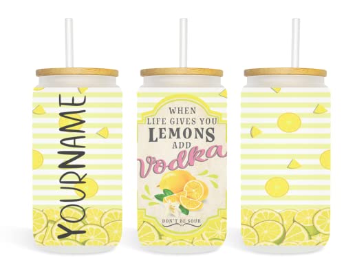 Customized 16oz Frosted Glass Tumbler w/Lid & Straw | 'When Life Gives You Lemons Add Vodka' w/Customized Name | Gift for Her | Perfect for Beer, Coffee, Mixed Drinks | Custom Glass Tumbler