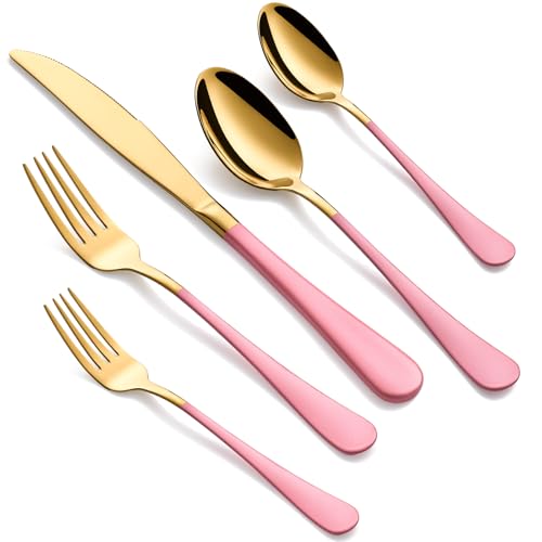 MDEALY 20-Piece Gold & Pink Silverware Set for 4, 18/0 Stainless Steel Flatware Cutlery Utensils Set, Includes Dinner Knives, Forks, Spoons, Salad Forks, Teaspoons, Dishwasher Safe