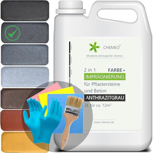 CHEMEO® Betonfarbe außen Frostsicher | Betonplatten, Terrassen und Pflastersteine Streichen | ANTHRAZIT Betonpflaster Farbe 2 liter für 12m2 | Bürste, Handschuhe und Tücher GRATIS