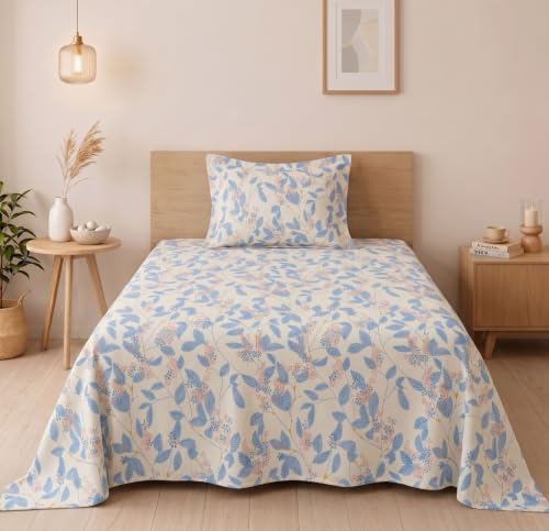 Image of BSB HOME 210 TC Cotton Feel Single Bedsheet with 1 Pillow Cover, Soft & Breathable Floral Printed Bed Sheet, Fade Resistant, Bedding for Home & Bedroom, 60 x 90 Inches (152 x 229 cm) (Oatmeal)