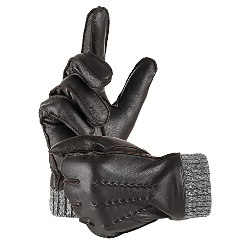 EGSSHOP Winter Warm Genuine Leather Gloves, Cashmere Lined Driving Motorcycle Gloves for Men