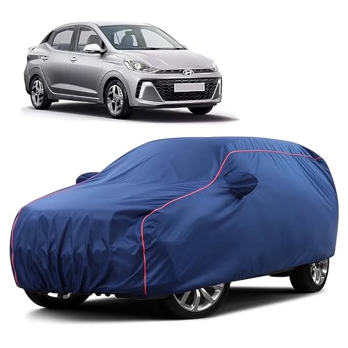 Image of Sulfar 100% Water Resistant Car Body Cover Compatible with Mirror for Hyundai Aura (Triple Stitched, Full Bottom Elastic, Blue Taffeta with Red Piping)