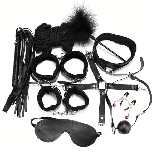 10 piezas de juego negro esposas de felpa, esposas de tobillo, máscara de ojo, collar de látigo de juego, accesorios de cuerda