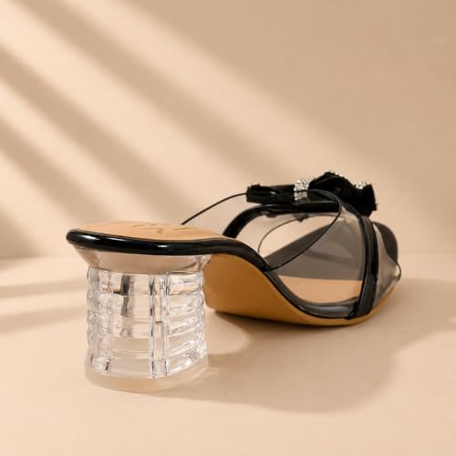 Image of Women's Transparent Block Heel Sandals with Rhinestone Bow, Clear Strap Slip-On Party Heels for Women