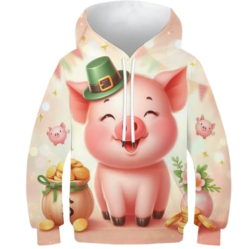 Sweat-shirt à capuche enfants avec poches à cordon et motif cochon 3D longue manche